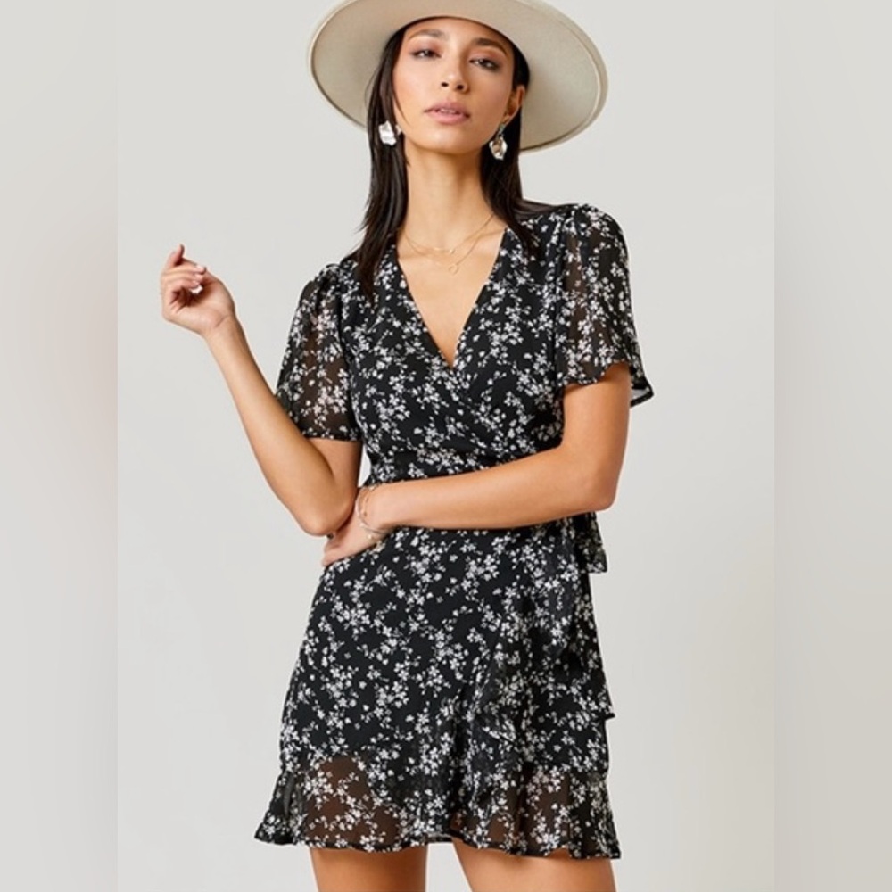 Francesca's Black Floral Mini Wrap Dress